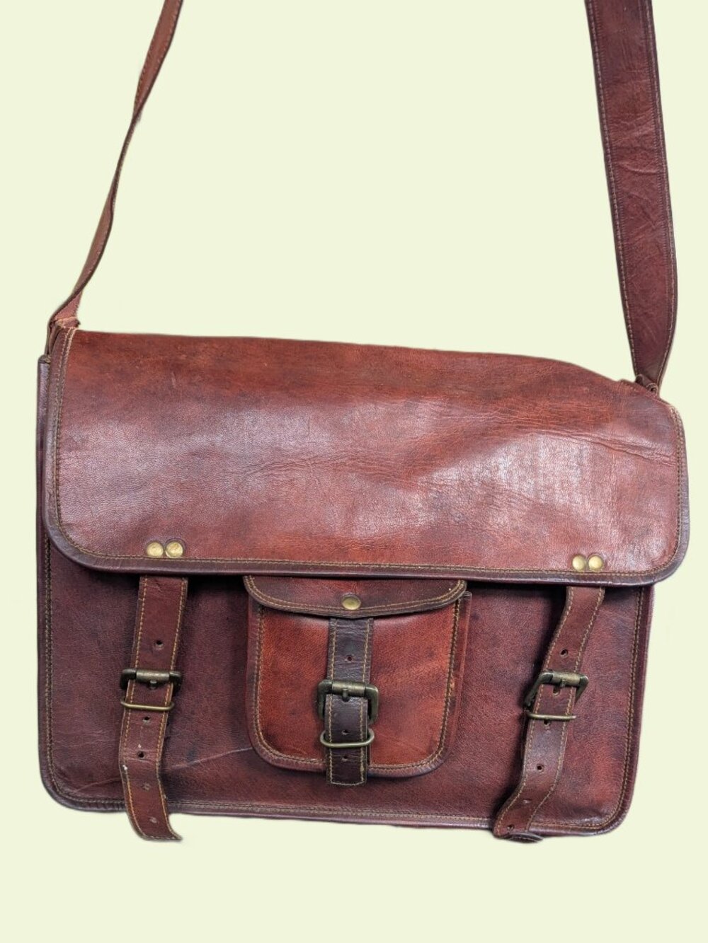 Brown Leather Messenger Bag / Briefcase w green fabric lining